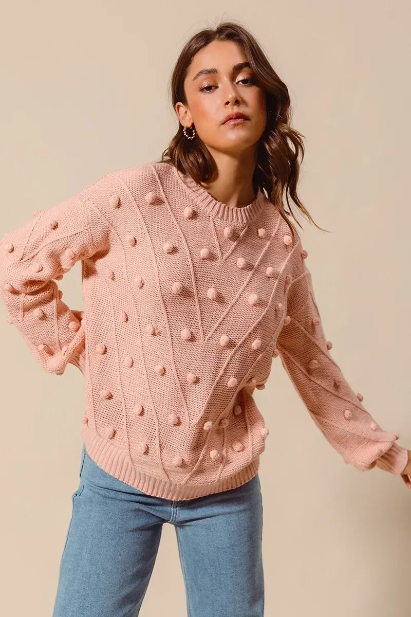 SO ME Pom Pom Textured Knit Sweater Top - DAVERRI FASHIONS