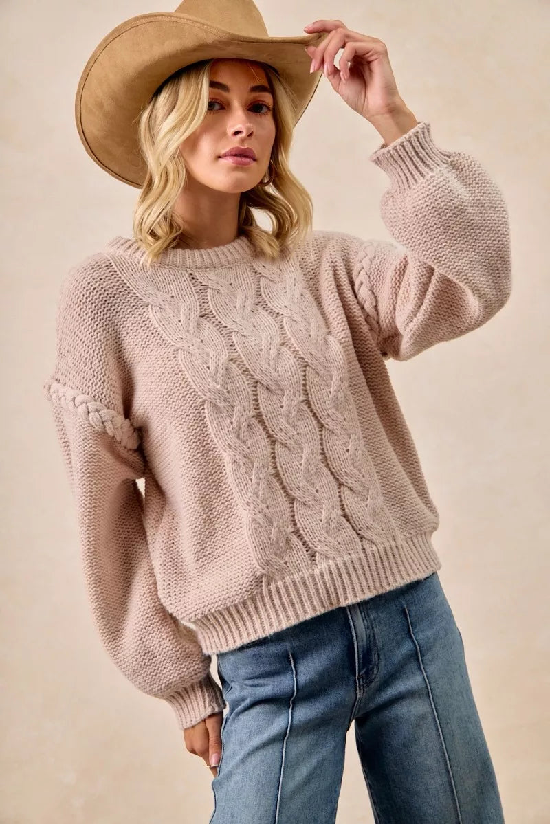 Beige BiBi cable knit sweater with bell sleeves and shoulder braid