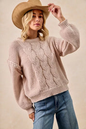 Beige BiBi cable knit sweater with bell sleeves and shoulder braid