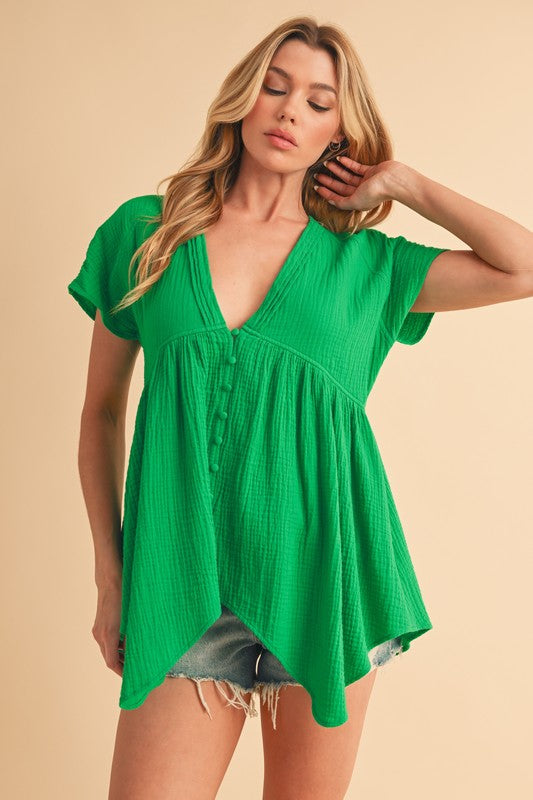 Aemi + Co Tuck Detail V-Neck Short Sleeve Blouse