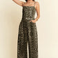 Davi & Dani Leopard Spaghetti Straps Wide Leg Jumpsuit Mocha Leopard Jumpsuits