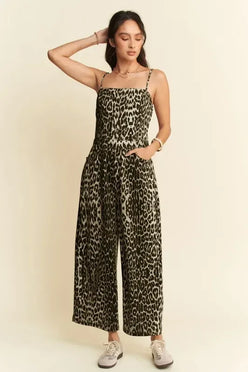 Davi & Dani Leopard Spaghetti Straps Wide Leg Jumpsuit - DAVERRI FASHIONS