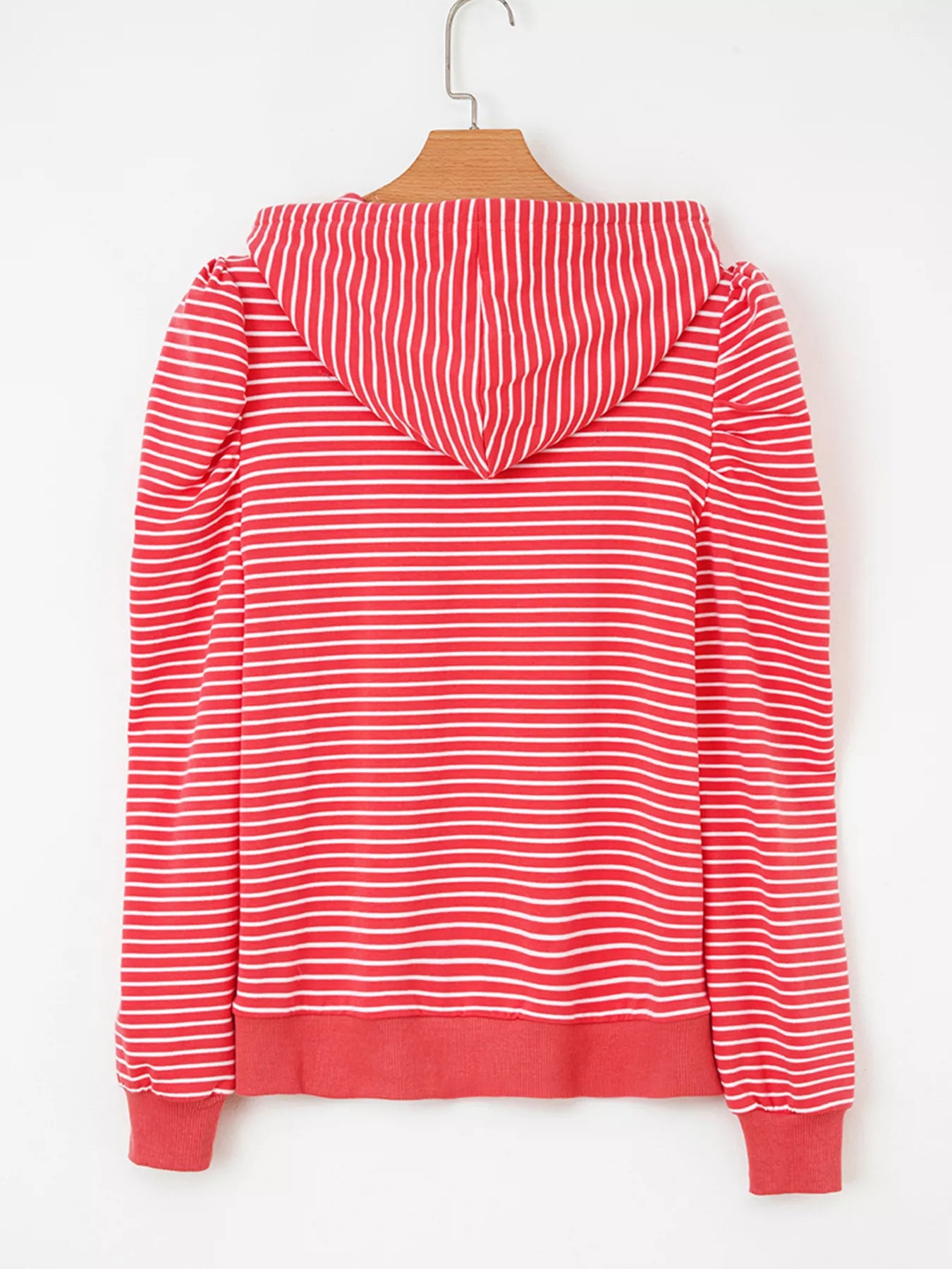 Coral and white striped puff sleeve hoodie with drawstring hood