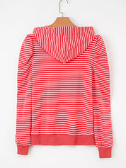 Coral and white striped puff sleeve hoodie with drawstring hood