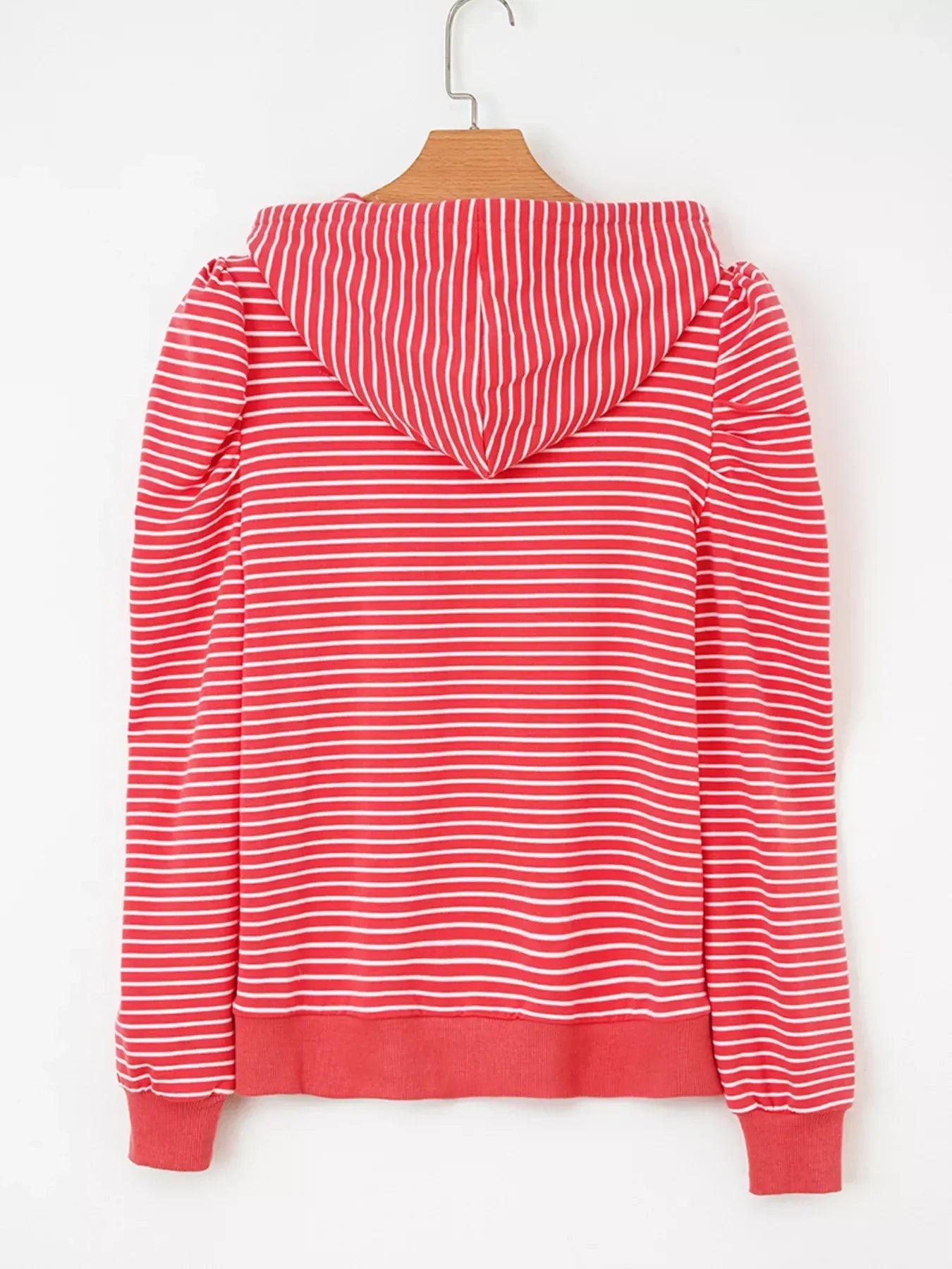 Striped Puff Sleeve Hoodie with Drawstring - DAVERRI FASHIONS