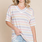 BOMBOM Striped V-Neck Short Sleeve T-Shirt Stripe