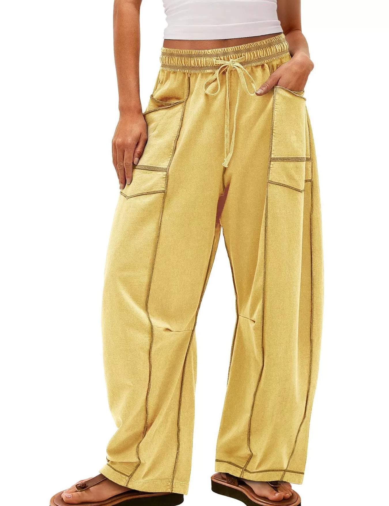 Light Yellow Drawstring Wide Leg Elastic Waist Pants | Pants Daverri Fashions