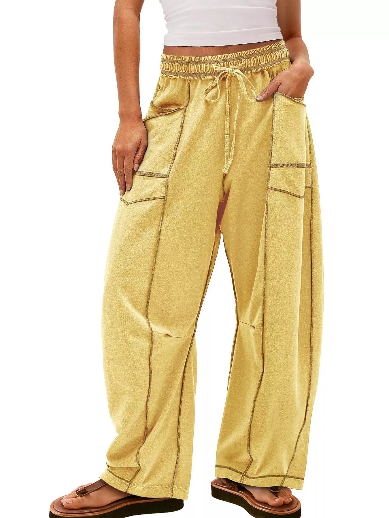 Light Yellow Drawstring Wide Leg Elastic Waist Pants | Pants Daverri Fashions