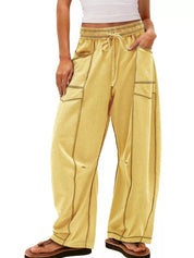 Light Yellow Drawstring Wide Leg Elastic Waist Pants | Pants Daverri Fashions