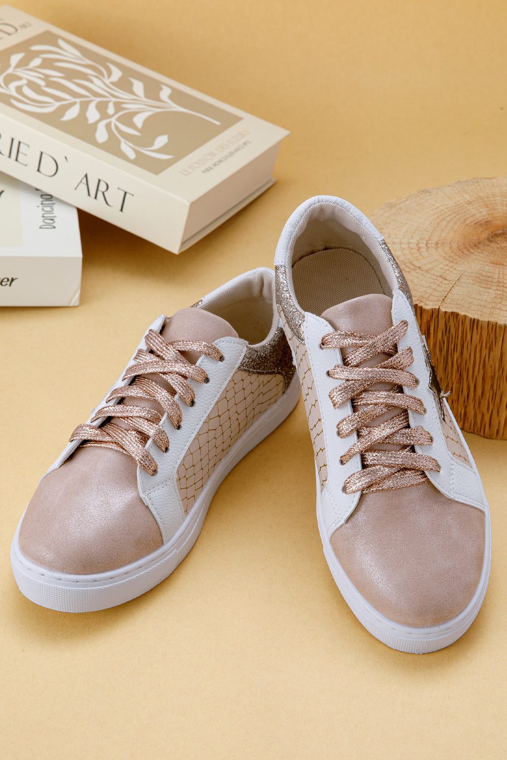 Gold Glitter Star Patchwork PU Leather Lace-up Sneakers | Sneakers Daverri Fashions