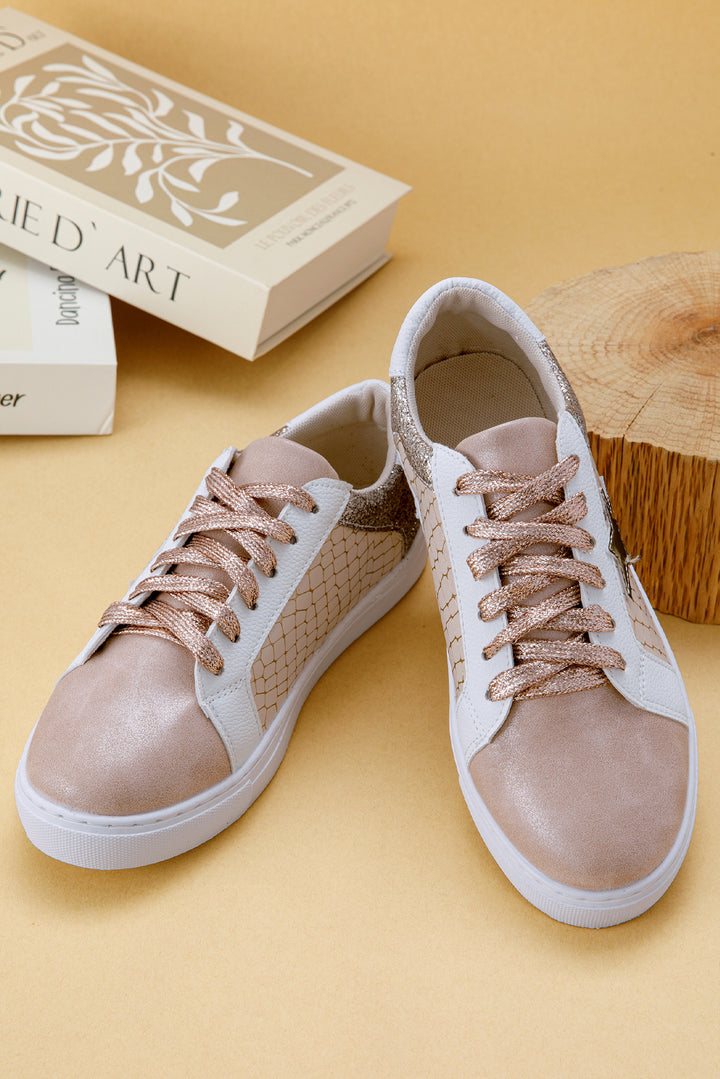 Gold Glitter Star Patchwork PU Leather Lace-up Sneakers | Sneakers Daverri Fashions