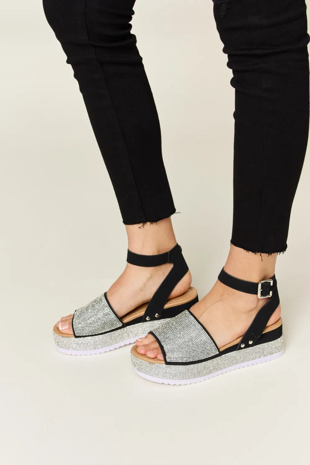 Forever Link Rhinestone Buckle Strappy Wedge Sandals Black Sandals