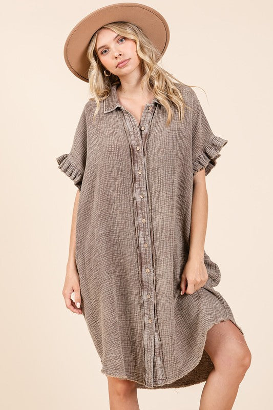 Mittoshop Mineral Wash Cotton Gauze Mini Shirt Dress Mini Dresses