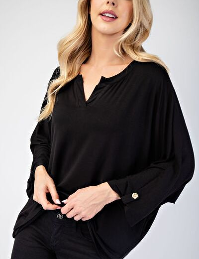 Celeste Full Size Notched Three-Quarter Sleeve Blouse Black