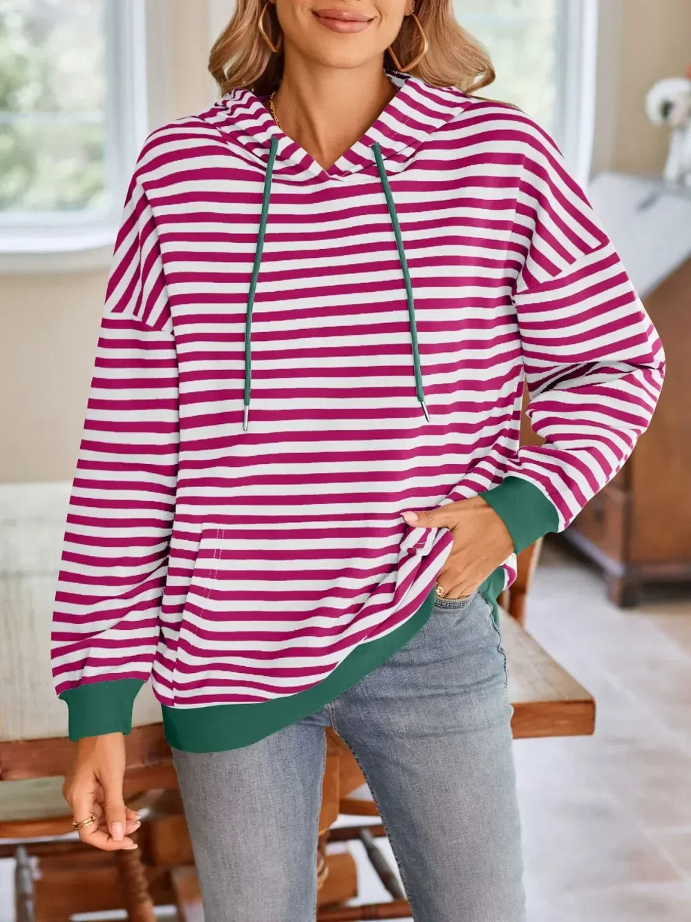 Lovelet Drawstring Striped Long Sleeve Hoodie - DAVERRI FASHIONS