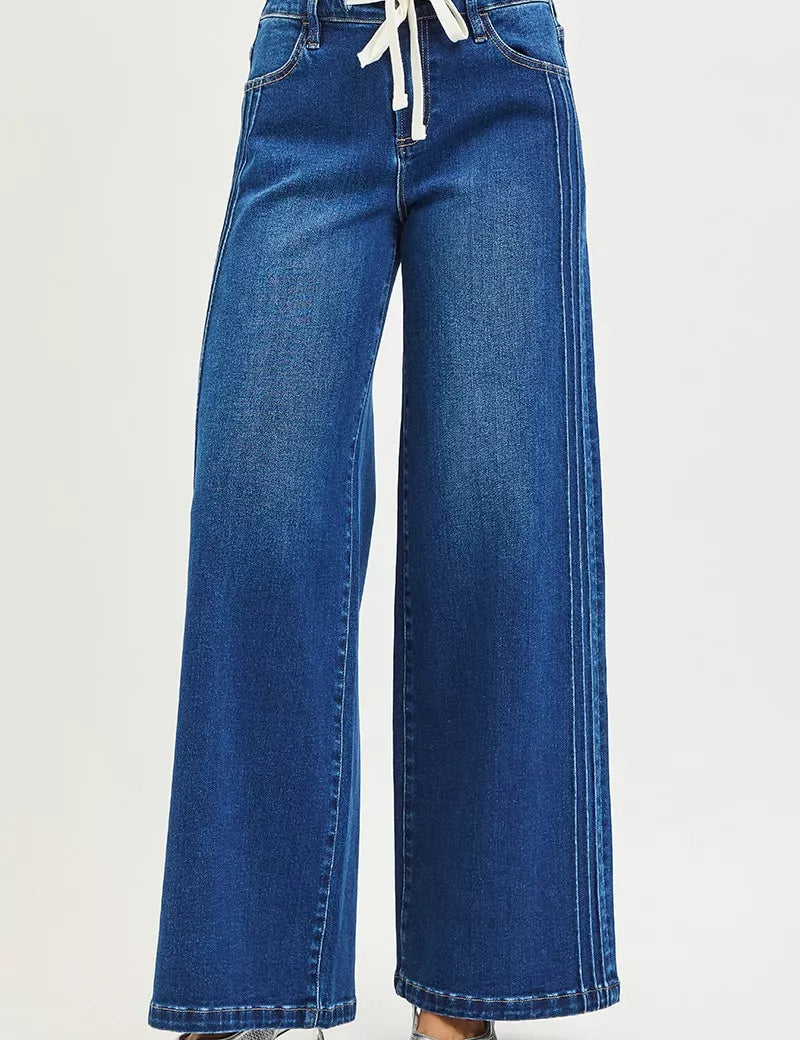RISEN Full Size Mid Rise Wide Side Pintuck Jeans with Front Drawstring Plus Size | Jeans Daverri Fashions