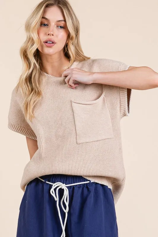 Lime 'N' Chili Solid Cap Sleeve Stitch Edge Knit Sweater Sweaters