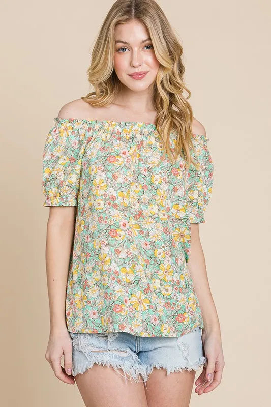Lime 'N' Chili Floral Print Short Sleeve Off-The-Shoulder Blouse MINT COMBO