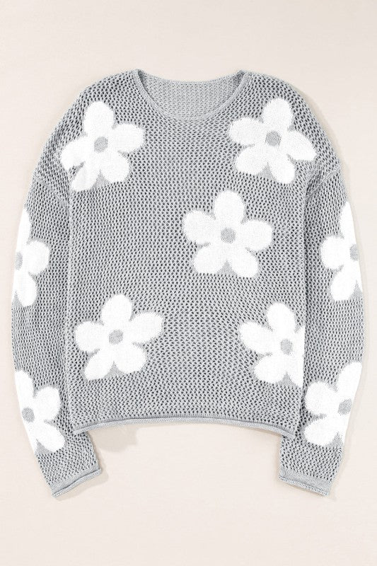 Dulce Big Flower Hollowed Knit Drop Shoulder Sweater Sweaters