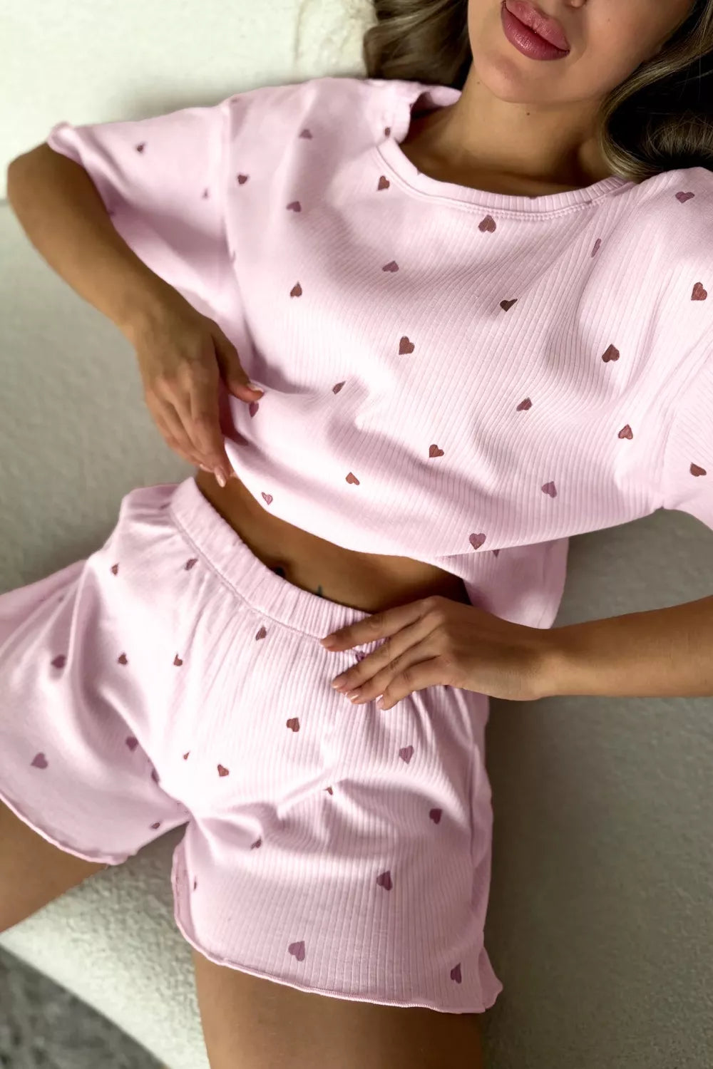 Blush pink heart print ribbed knit pajama top and shorts set