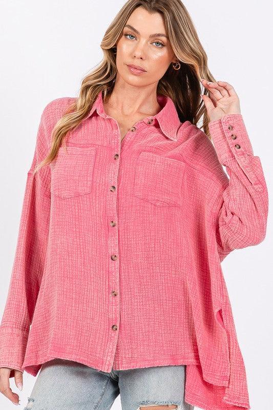 SAGE + FIG Frayed Hem Side Slit Button Down Shirt - DAVERRI FASHIONS