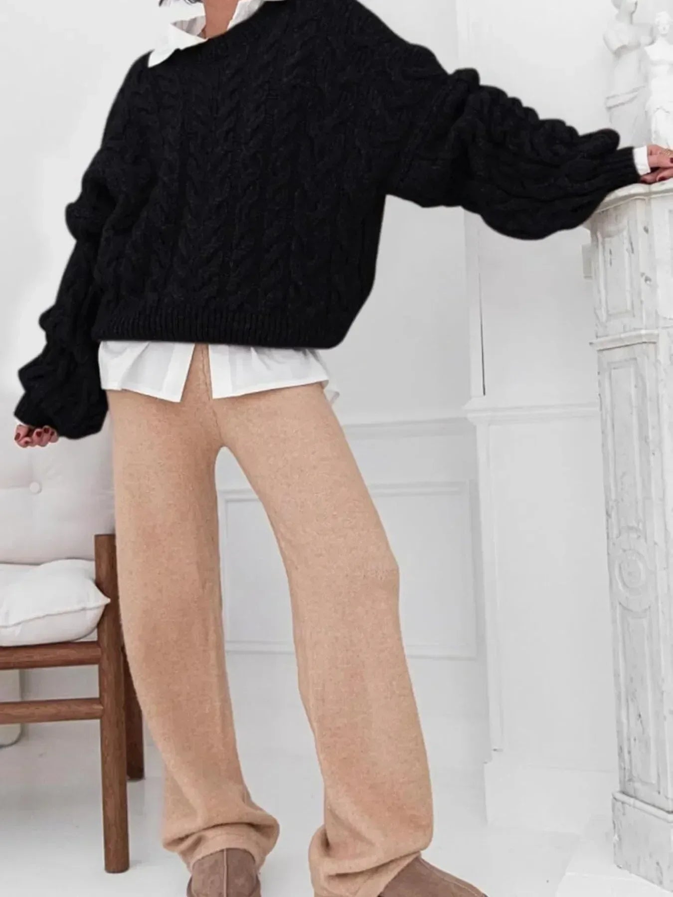 Cable Knit Long Sleeve Sweater - DAVERRI FASHIONS