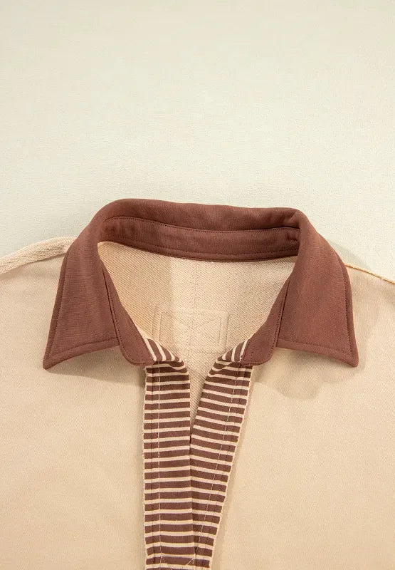 Daverri Fashions Color Block Johnny Collar Long Sleeve Sweatshirt - DAVERRI FASHIONS