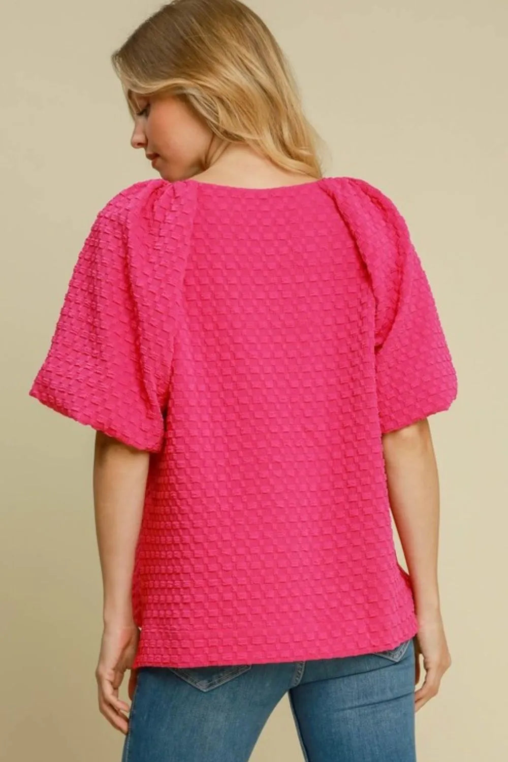Umgee Full Size Boxy Cut Jacquard Round Neck Top with Side Slit Plus Size | Tops Daverri Fashions