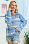 First Love Striped Long Sleeve Openwork Knit Top - DAVERRI FASHIONS