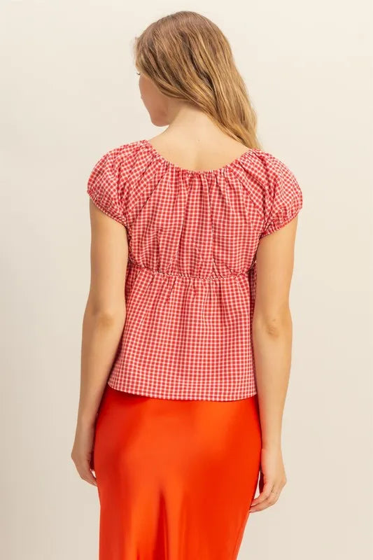 HYFVE Gingham Scoop Neck Cap Sleeve Blouse