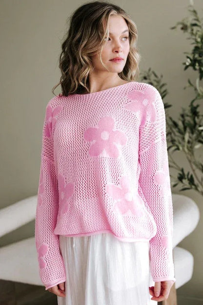 Dulce Big Flower Hollowed Knit Drop Shoulder Sweater - DAVERRI FASHIONS