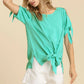 Umgee Cold Shoulder Short Sleeve Round Neck Top with Side Slits and Tie-able Knot Details EMERALD Tops