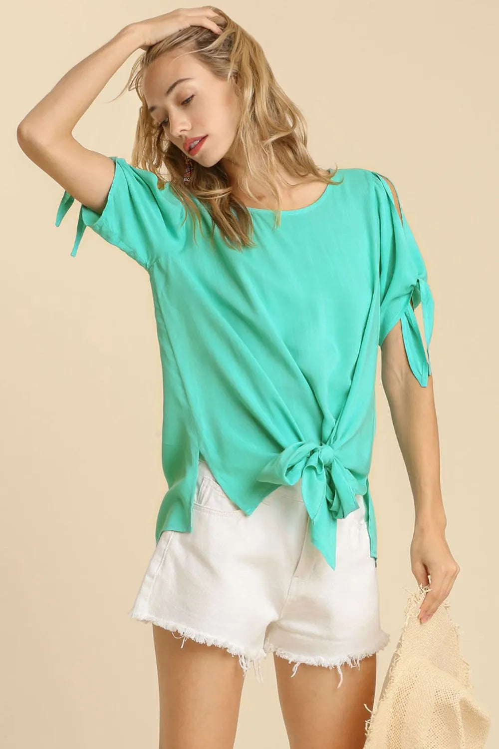 Umgee Cold Shoulder Short Sleeve Round Neck Top with Side Slits and Tie-able Knot Details EMERALD Tops