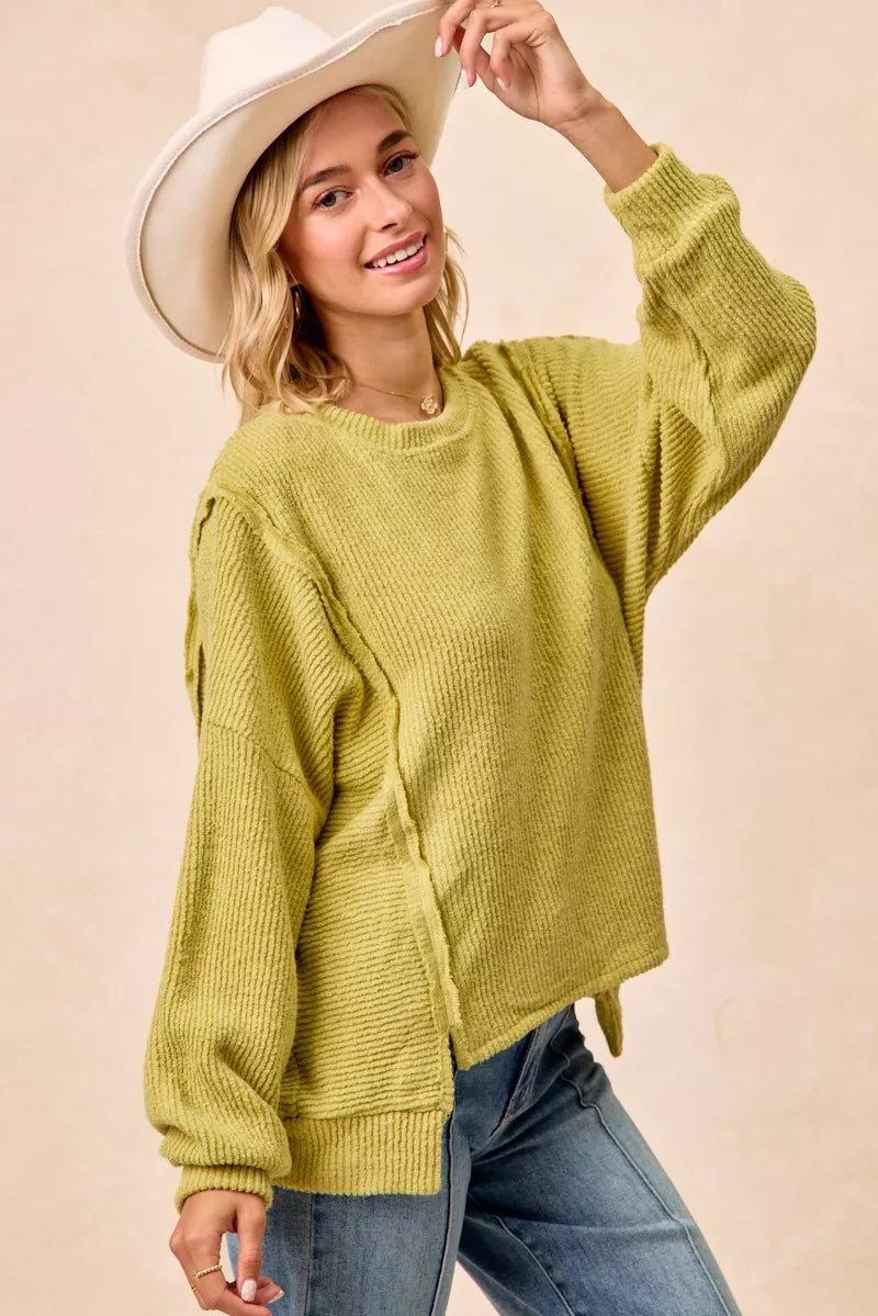 Cozy olive green BiBi Boucle Rib Knit sweater with side ties