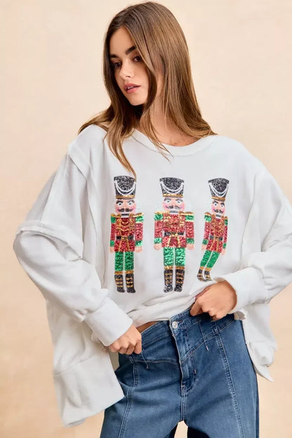 BiBi Christmas Sequin Nutcrackers Embroidery Sweatshirt - DAVERRI FASHIONS