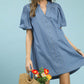 Umgee Chambray Puff Sleeve Dress in blue denim with button front