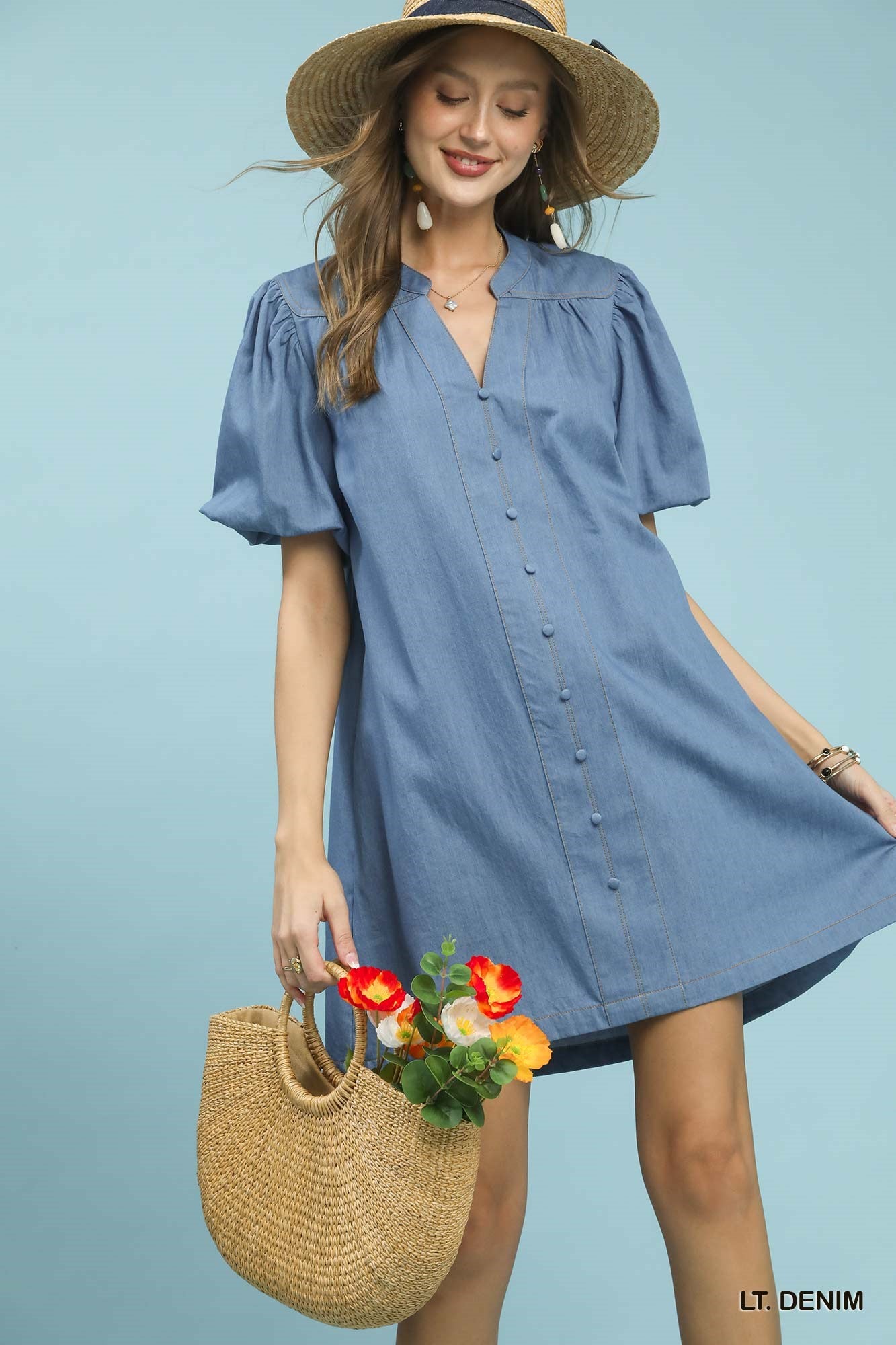 Umgee Chambray Puff Sleeve Dress in blue denim with button front