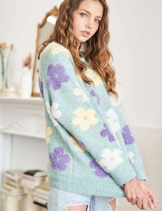 ADORA Floral Popped 2-Tone Sweater Top | Sweaters Daverri Fashions