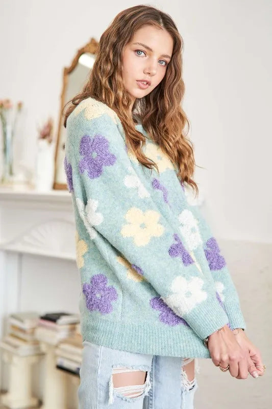 ADORA Floral Popped 2-Tone Sweater Top | Sweaters Daverri Fashions