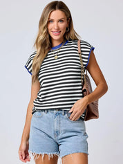 Contrast Round Neck Cap Sleeve Sweater | Sweaters Daverri Fashions