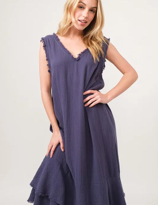 And The Why Washed Cotton Gauze Fringe Detail Tiered Dress | Daverri Fashions