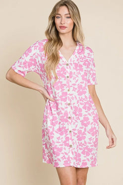 BOMBOM Floral Button Down Mini Dress - DAVERRI FASHIONS