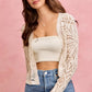 Cream-colored SO ME crochet knit cardigan with intricate patterns, long sleeves, open front