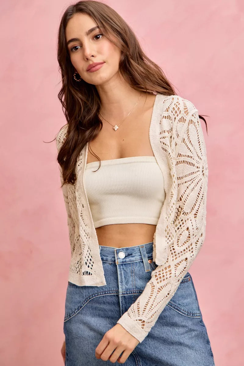 Cream-colored SO ME crochet knit cardigan with intricate patterns, long sleeves, open front