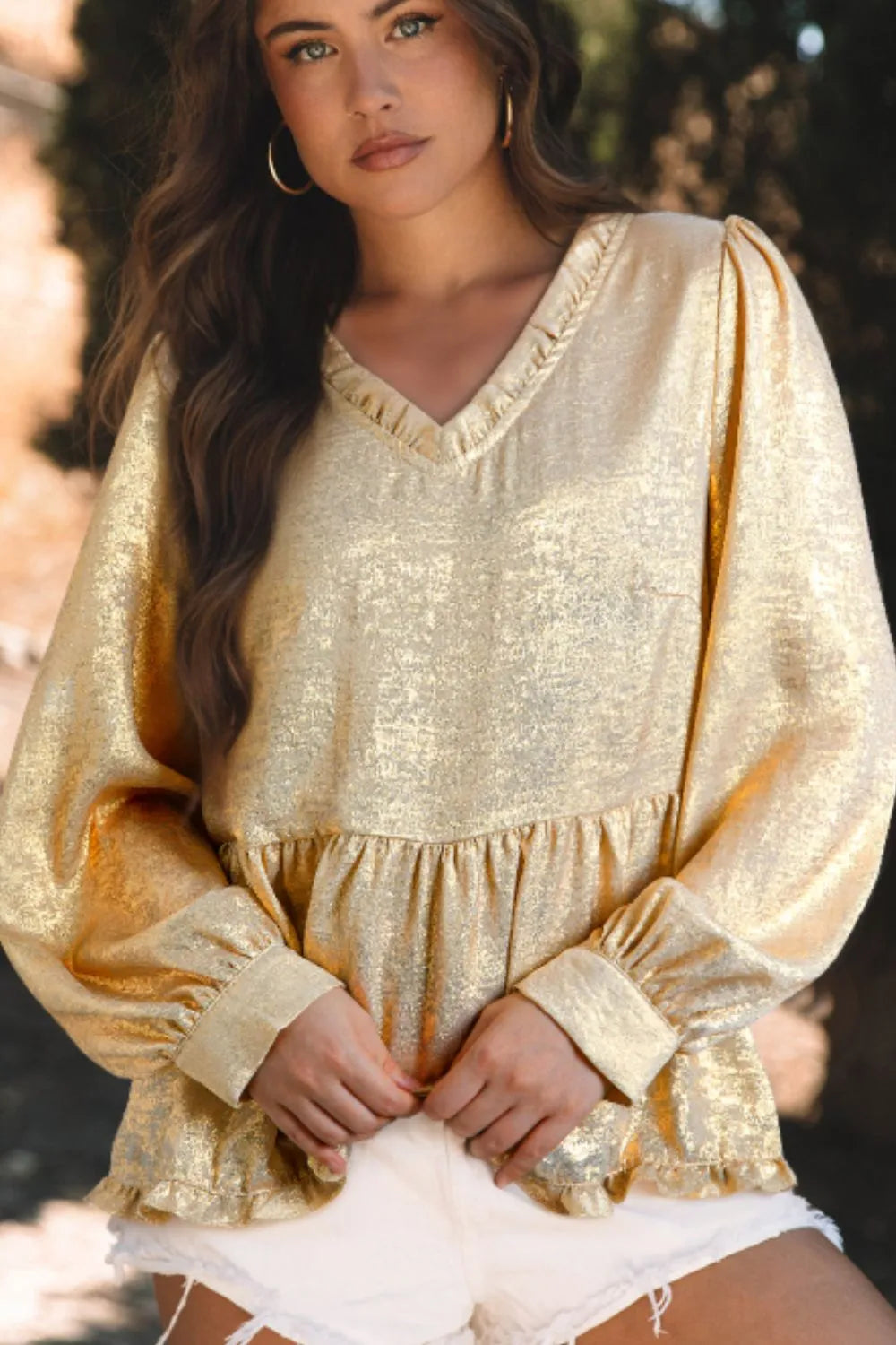 Gold Frill Peplum V-Neck Long Sleeve Blouse | Blouses Daverri Fashions