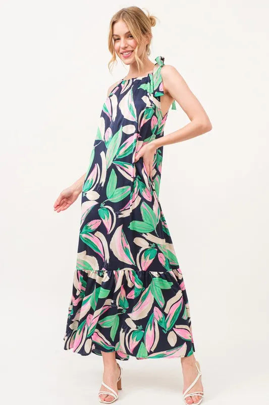 And The Why Botanical Printed Halterneck Tiered Maxi Dress NAVY
