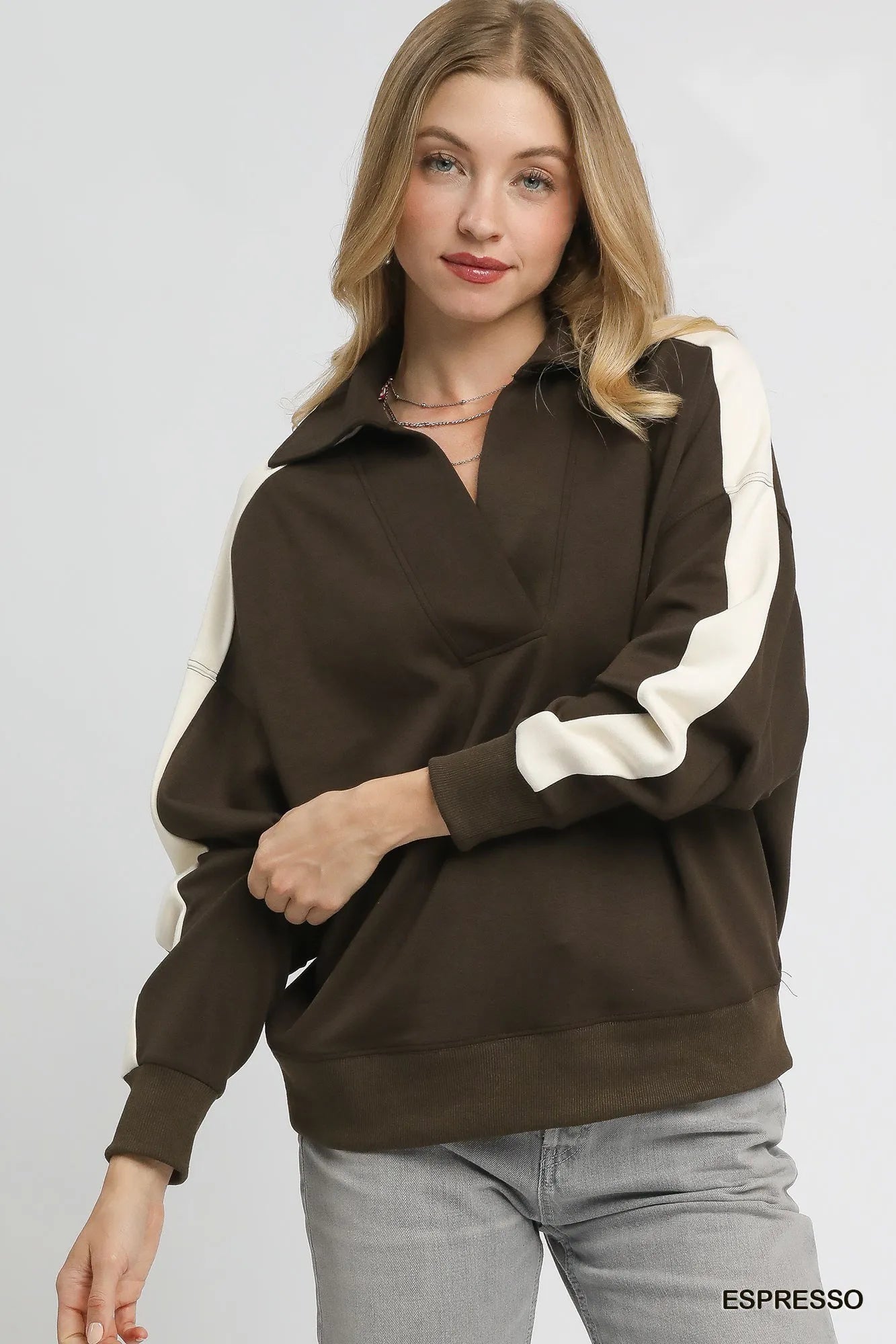 Umgee Color Block Polo Sweatshirt ESPRESSO Sweatshirts