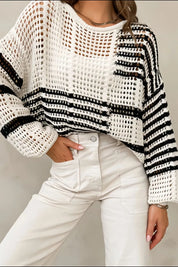 Contrast Striped Crochet Long Sleeve Knit Cover Up | Cover-Ups Daverri Fashions