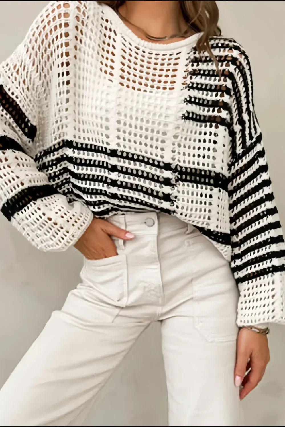 Contrast Striped Crochet Long Sleeve Knit Cover Up - DAVERRI FASHIONS