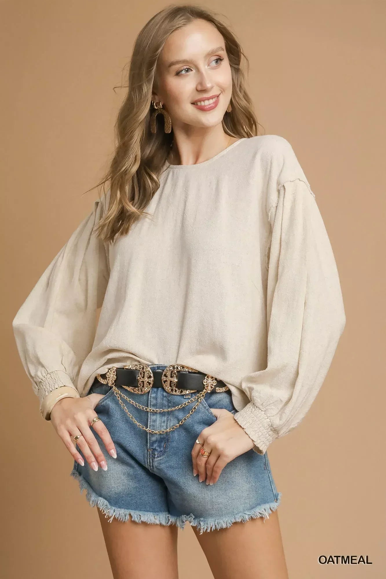 Umgee Linen Scallop Hem Long Sleeve Blouse - DAVERRI FASHIONS